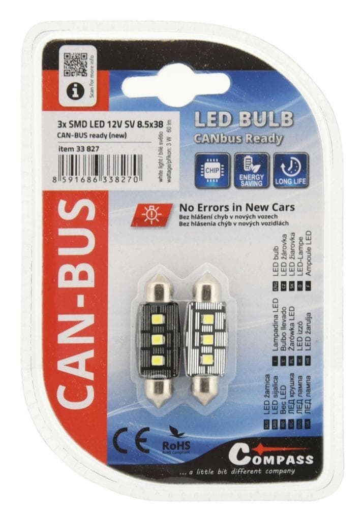 Compass Žárovka 3 LED SMD 12V suf.11X38 SV8.5 New-Can-Bus bílá 2 ks