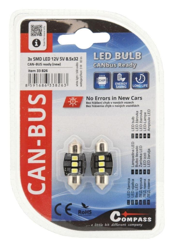 Compass Žárovka 3 LED SMD 12V suf.11X32 SV8.5 New-Can-Bus bílá 2 ks