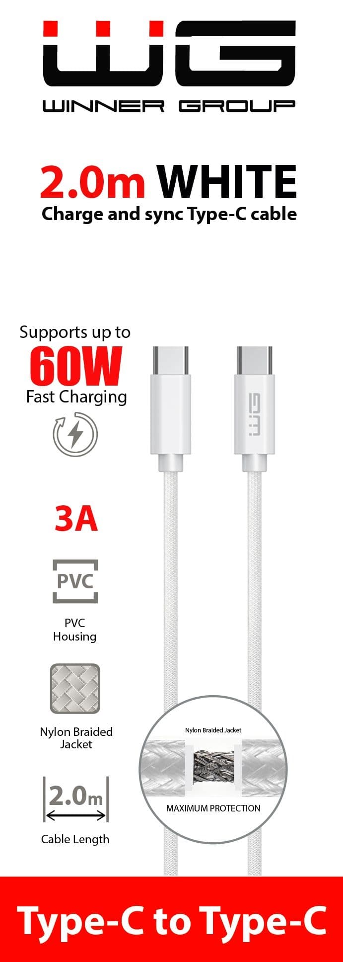 WG Datový kabel type-C_type-C, 3 A, bílý 2 m