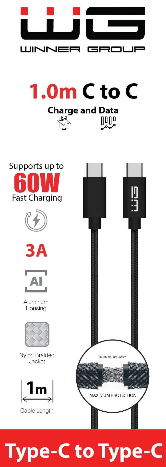 WG Datový kabel type-C_type-C 3 A černý 100 cm