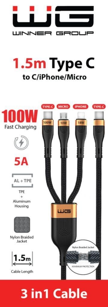 WG Datový kabel type-C_type-C/Lightning/micro, 5 A, černý, 150 cm