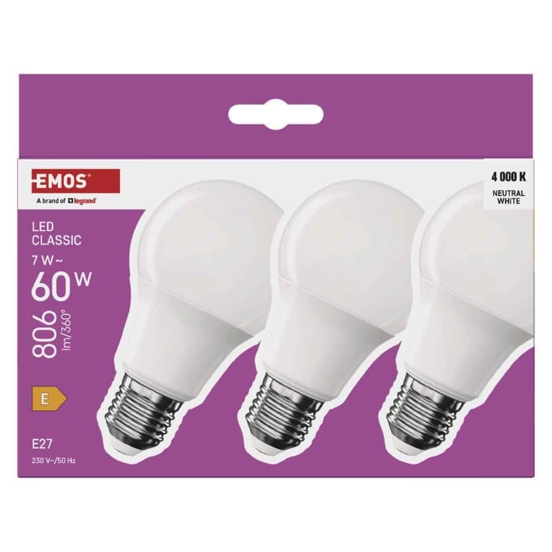 Emos LED CLS A60 7W(60W) 806lm E27 NW 3PC