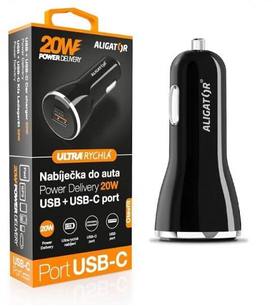 Aligator Nabíječka do auta Power Delivery 20W USB + USB-C černá