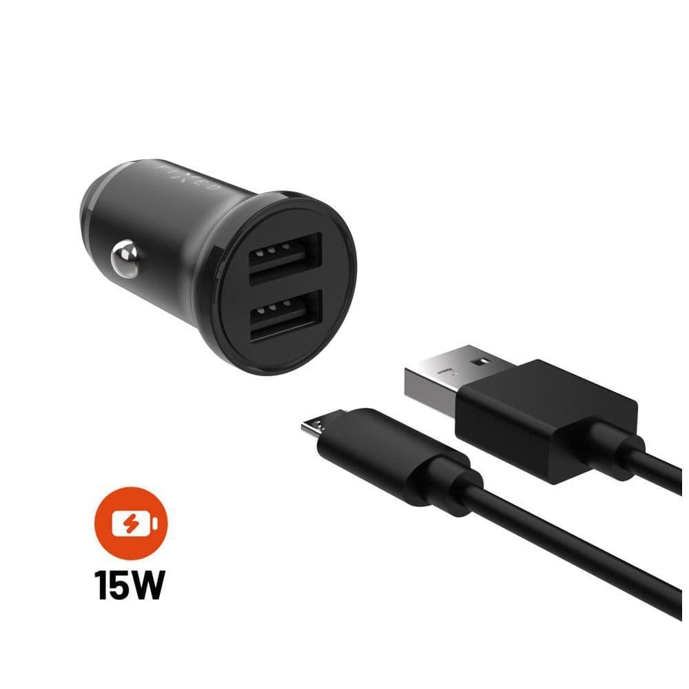 Fixed Set autonabíječky s 2xUSB výstupem a USB/micro USB kabelu, 1 metr, 15W Smart Rapid Charge, černá