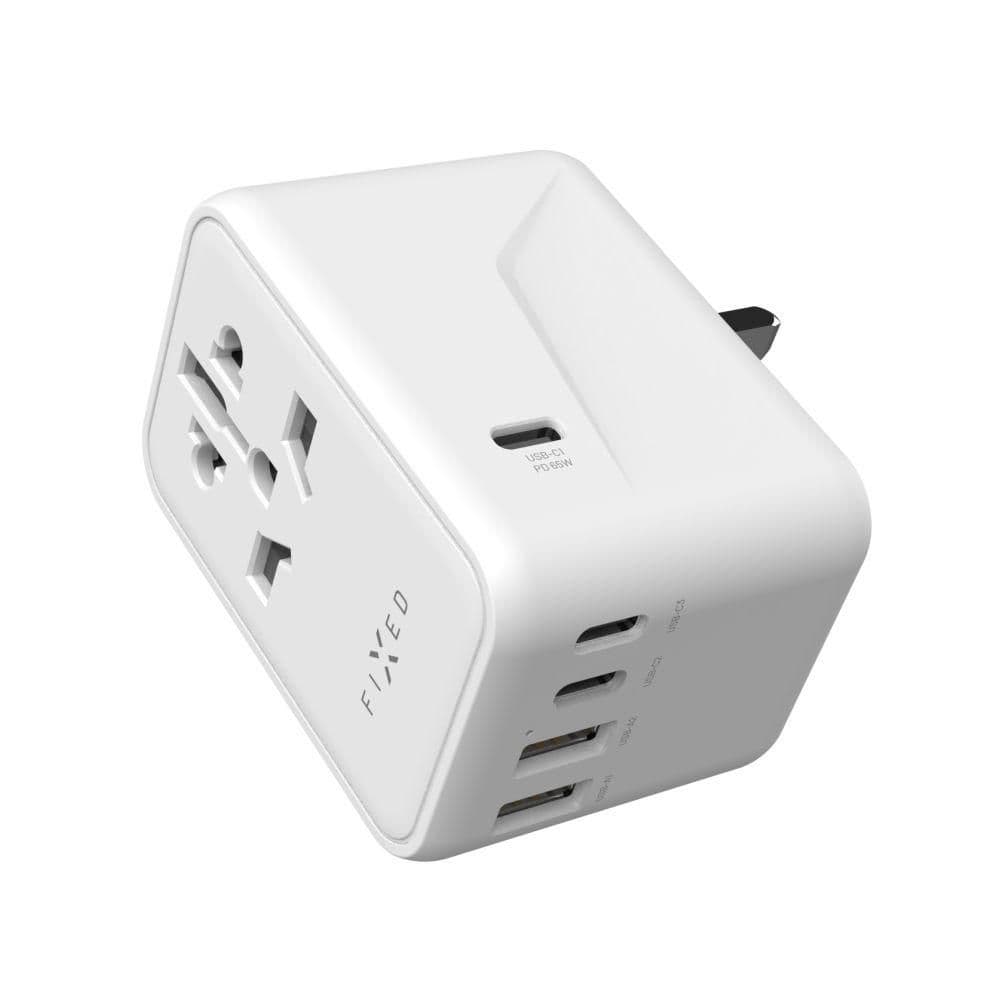 Fixed Cestovní adaptér Voyager 65 W pro EU, UK a USA/AUS, s 3xUSB-C a 2xUSB výstupem, GaN, PD 65W, bílý