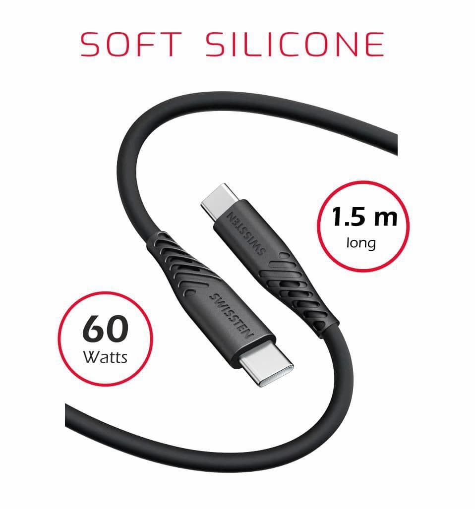 Swissten Datový kabel SOFT SILICONE USB-C / USB-C 1,5 M 60W černý