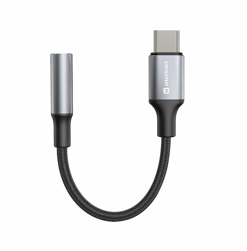 Swissten Audio adaptér USB-C (samec)/3,5 mm jack, 0,15 m, černý, textilní