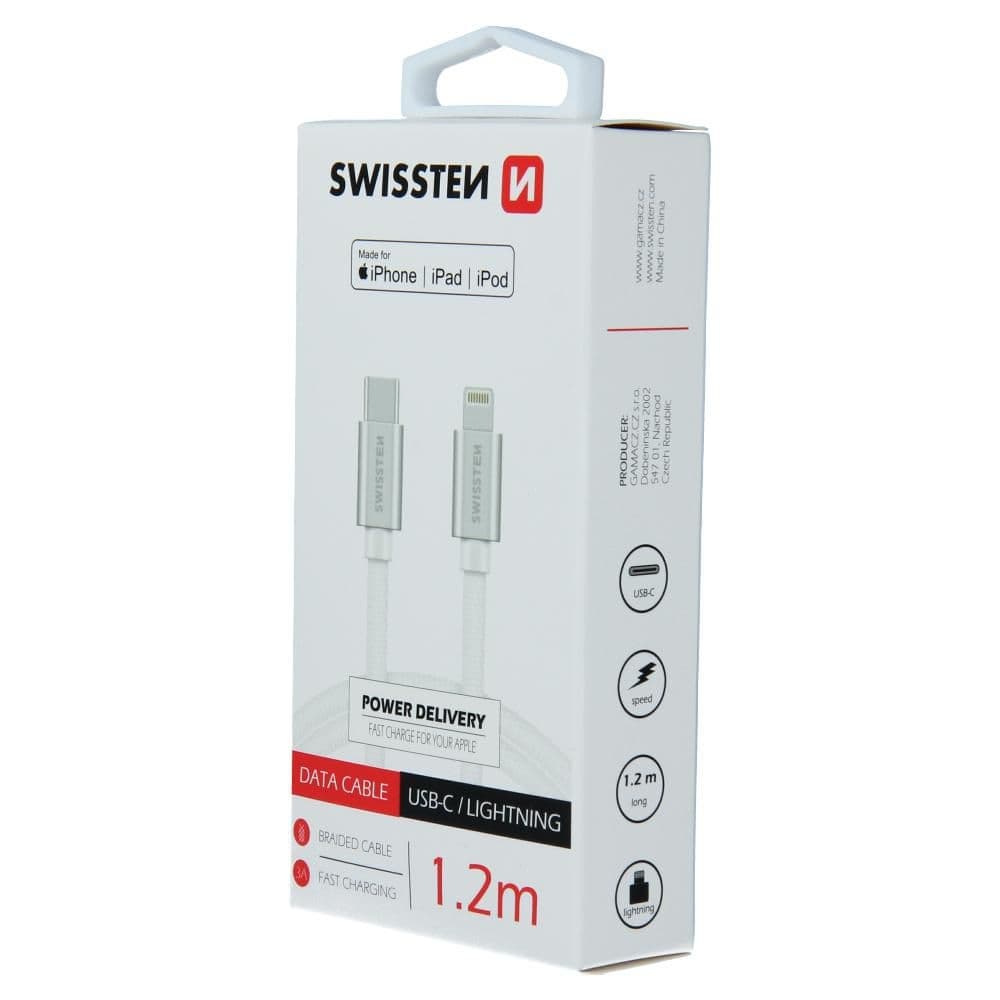 Swissten Datový kabel TEXTILE USB-C / LIGHTNING MFi 1,2 M stříbrný