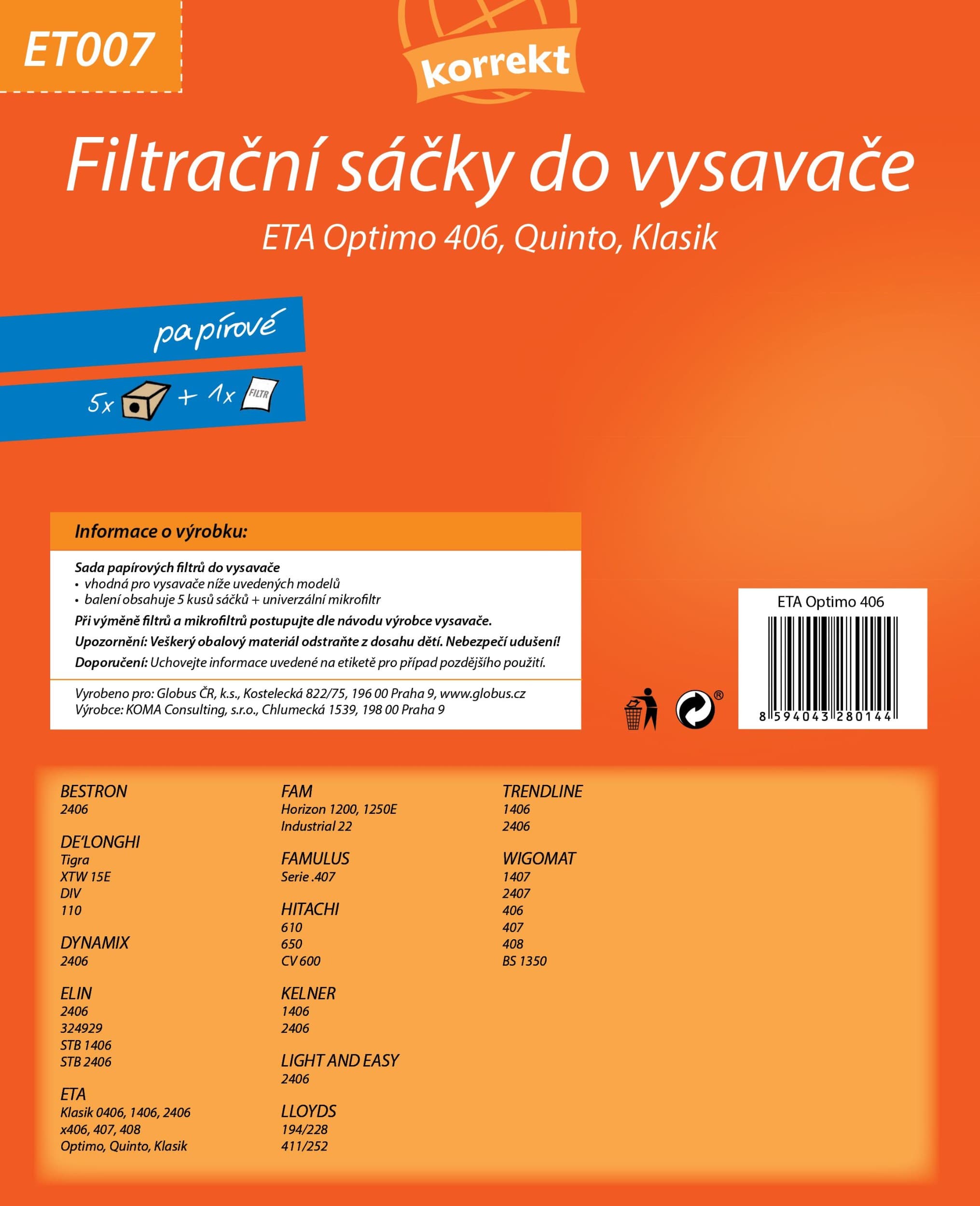 Korrekt Sáčky do vysavače ET007 - ETA Optimo 406