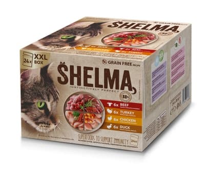 Shelma dušené filetky pro kočky bez obilovin, s čerstvým masem 24x85g