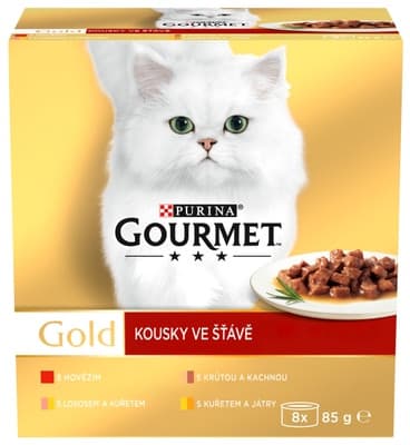 Gourmet Gold konzervy pro kočky hovězí, krůta a kachna, losos a kuře, kuře a játra ve šťávě 8x85g