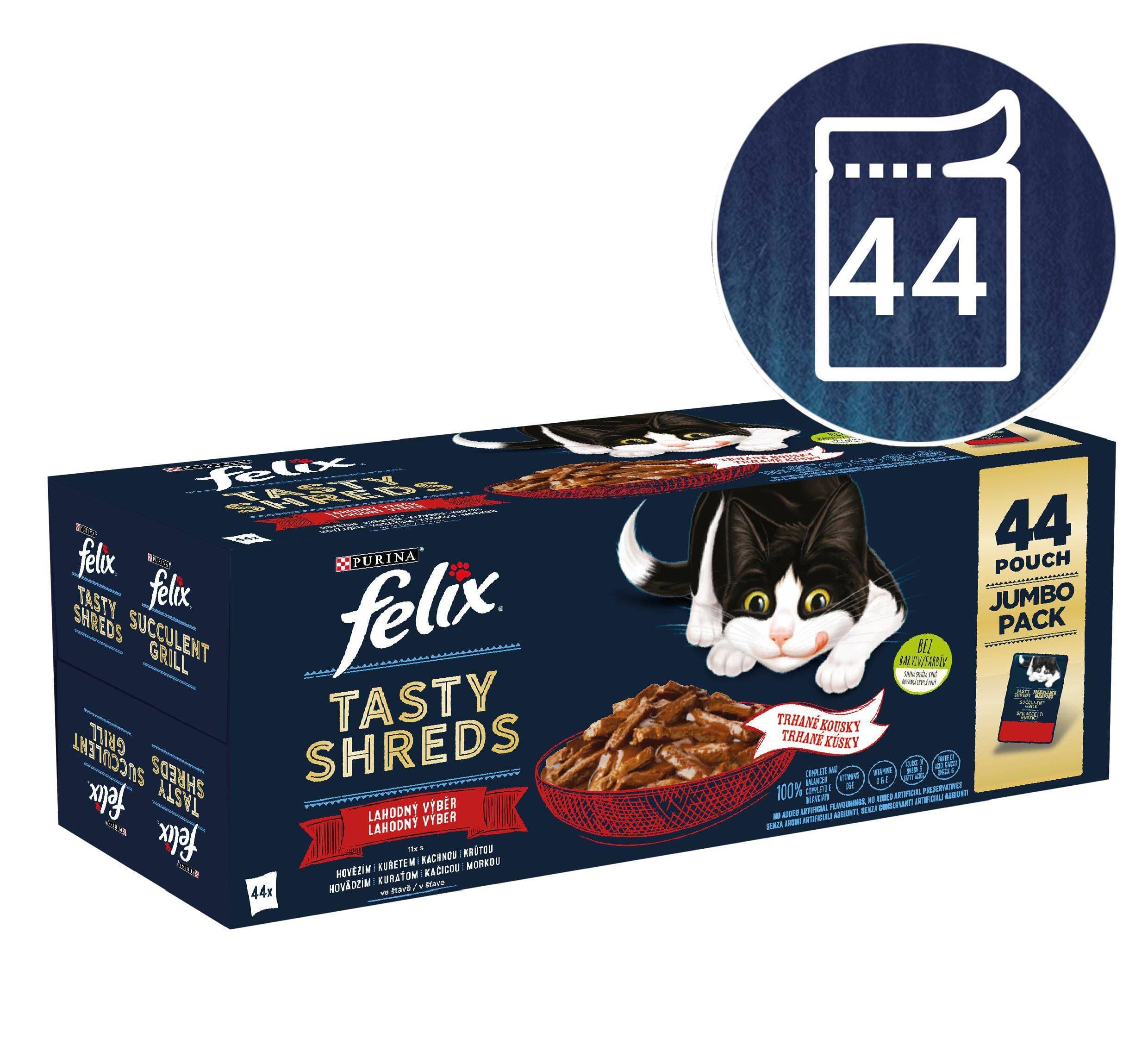 Felix Tasty Shreds hovězí/kuře/kachna/krůta ve šťávě 44x80g