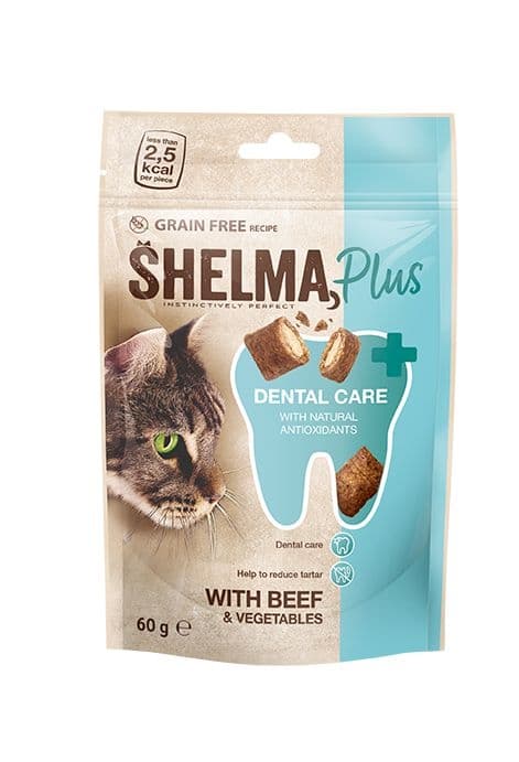 Shelma snack pro kočku dentální polštářky, maso a borůvky 60g