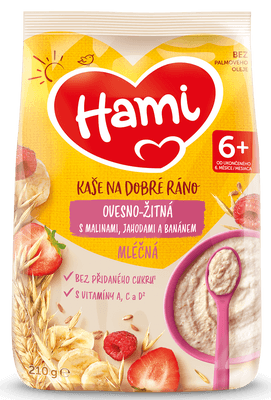 Hami Mléčná ovesno-žitná kaše s Malinami, jahodami a banánem