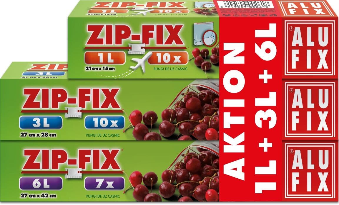 Alufix Sáčky se zipem, tři balení v jednom 1 l, 10 ks + 3 l, 10 ks + 6 l, 7 ks