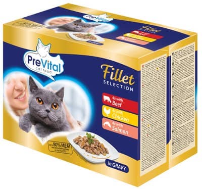 PreVital Dušené filetky hovězí, kuřecí a losos v omáčce 12x85g