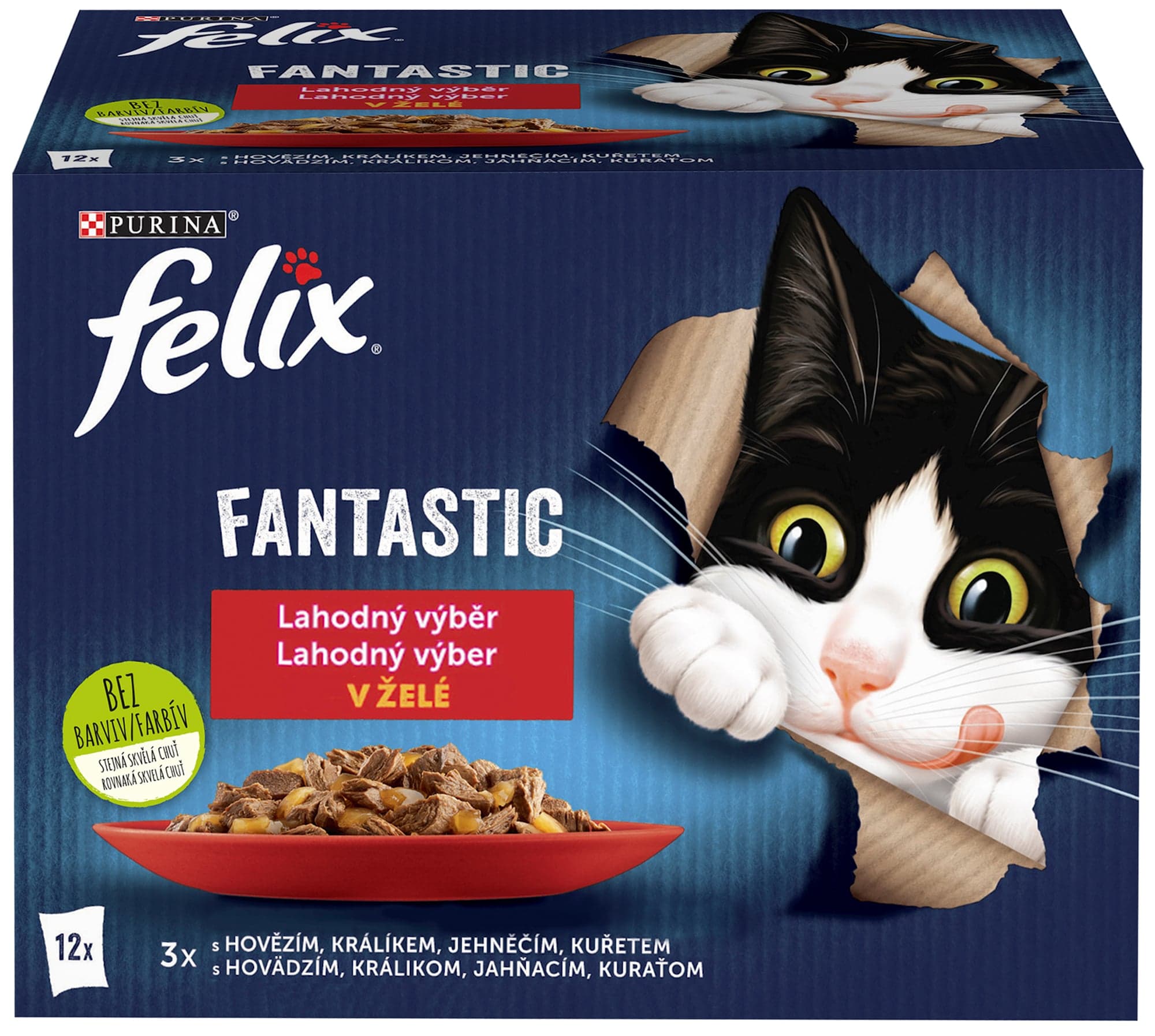 Felix Fantastic kapsičky pro kočky kuře, hovězí, králík, jehněčí v želé 12×85 g