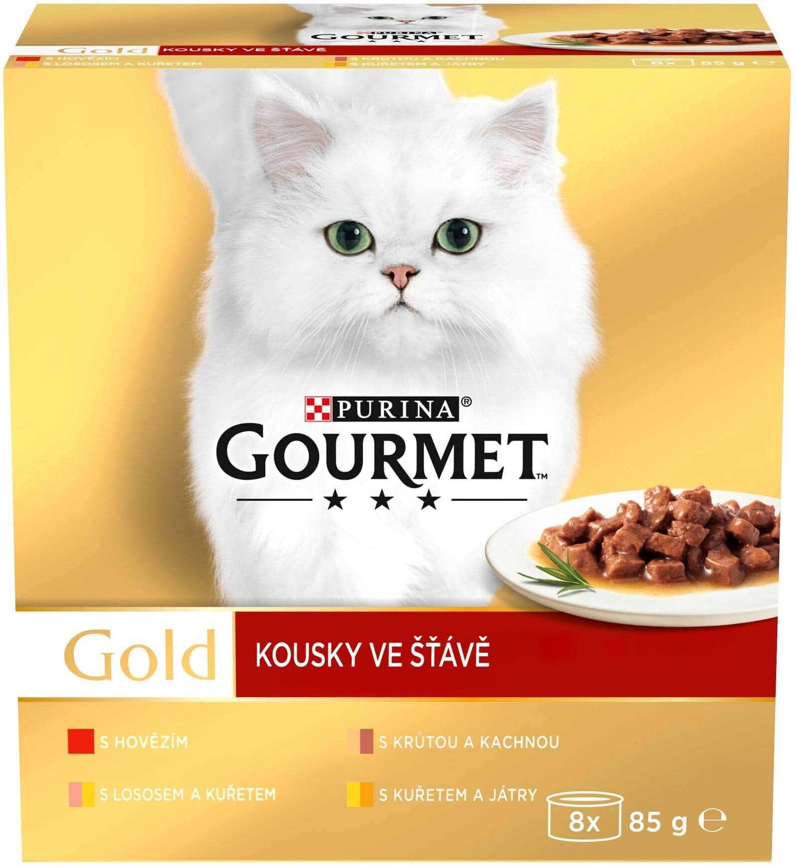Gourmet Gold Multipack hovězí, krůta s kachnou, losos s kuřetem a kuře s játry ve šťávě 8×85 g