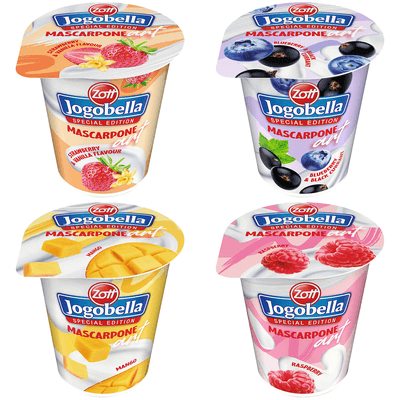 Zott Jogobella mascarpone mix příchutí (jahoda-vanilka, borůvka-černý rybíz, mango, malina)