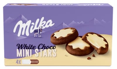 Milka sušenky White Choco Mini Stars kakaové, mléčná náplň a bílá čokoláda