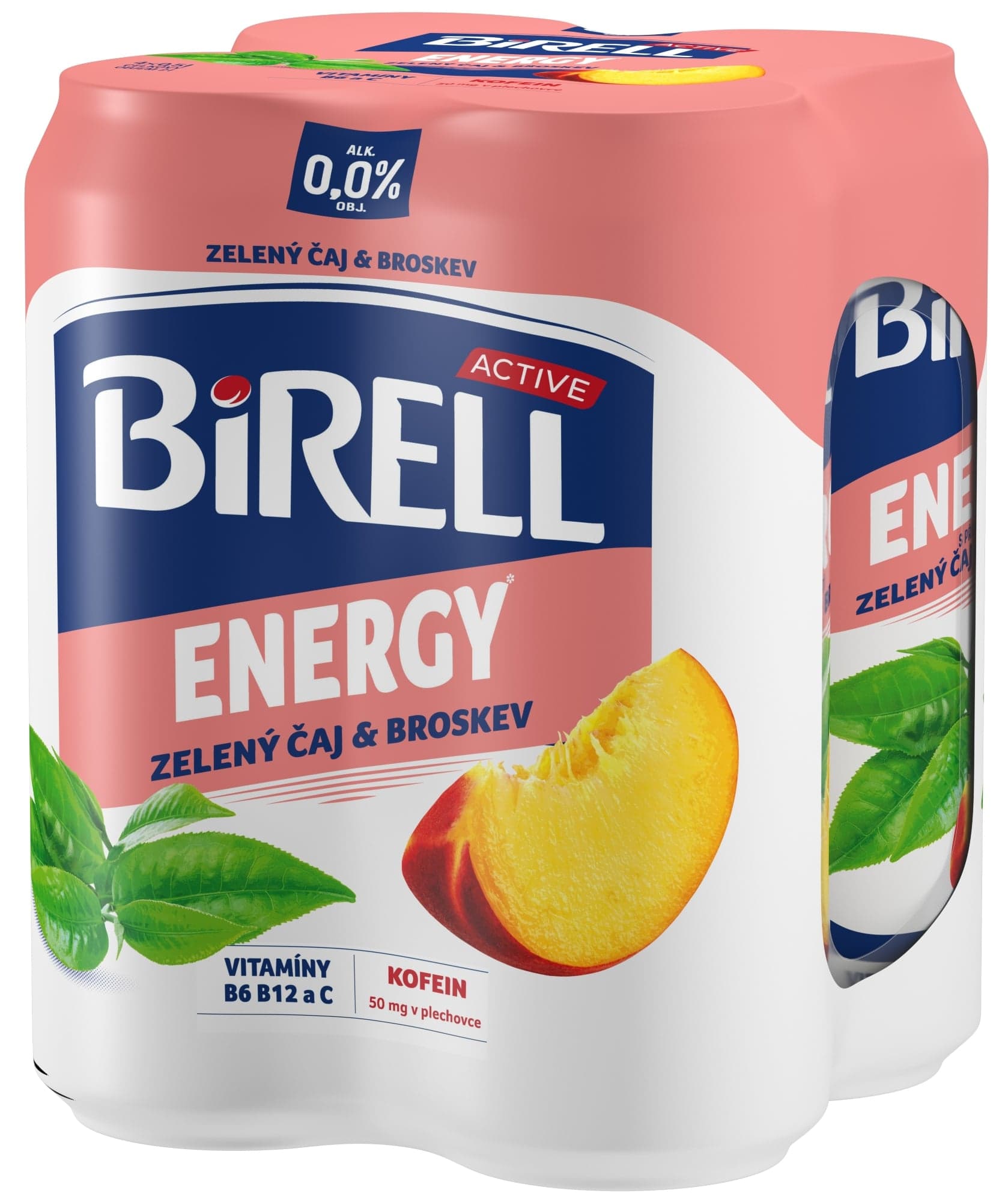 Birell 0.0 Energy Zelený čaj & Broskev nealkoholické pivo s kofeinem 4×0,5 l plech