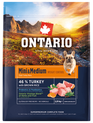 Ontario Krmivo Mini & Medium Weight Control Turkey & Brown Rice pro psy