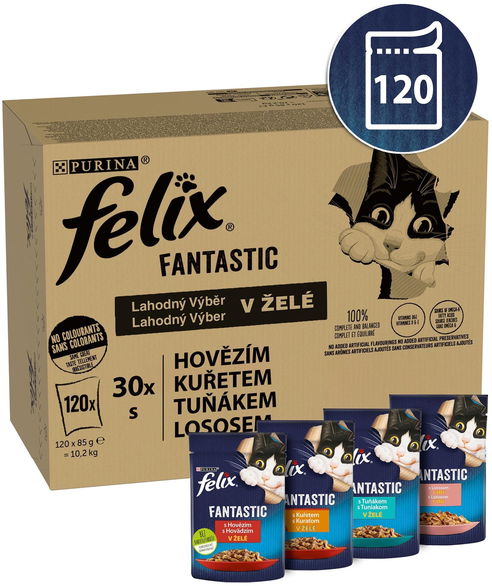 Felix Fantastic kapsičky pro kočky hovězí, kuře, tuňák, losos v želé 120×85 g