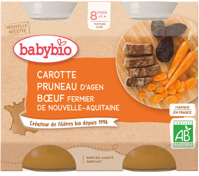 BabyBio BIO Mrkev a sušené švestky s hovězím masem 2x200g