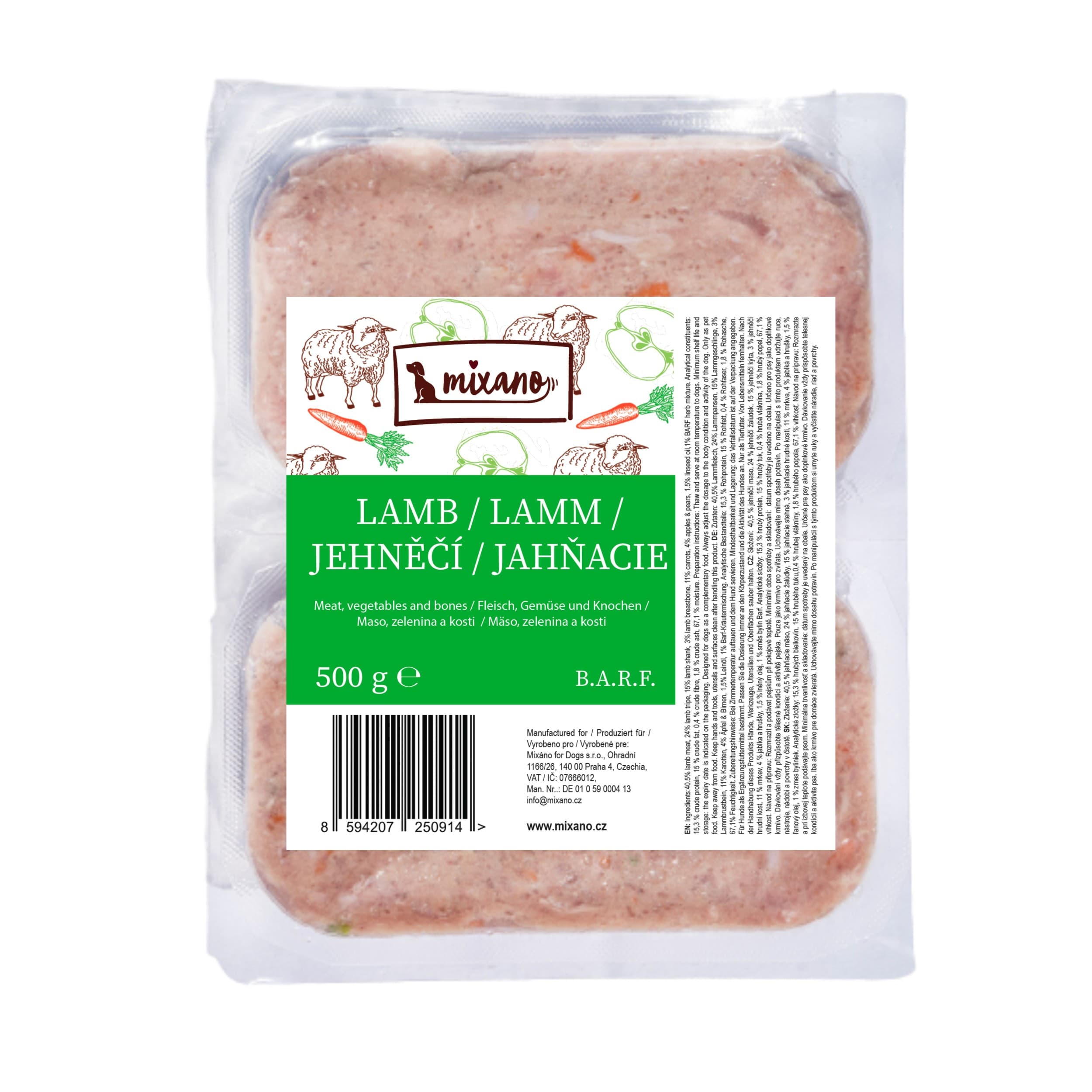 Mixáno jehněčí barf jemný+rýže mraž. 2x250g