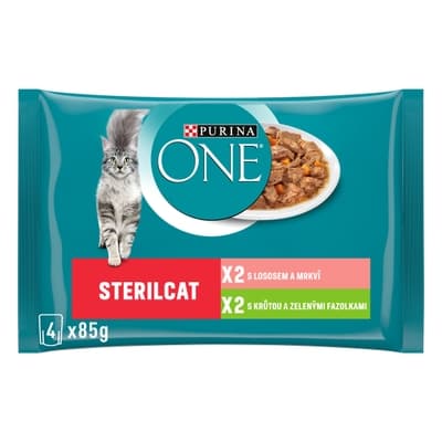 Purina ONE Sterilcat Mini filetky s krůtím a zelenými fazolkami/s lososem a mrkví 4x85g