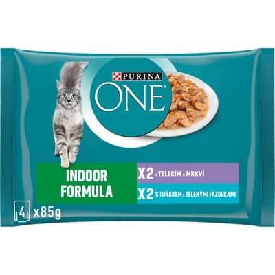 Purina ONE Indoor kapsičky pro kočky tuňák, telecí ve šťávě 4x85g