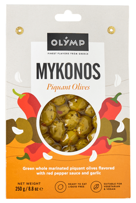Olymp Pikantní zelené olivy s chilli paprikou a česnekem vakuované