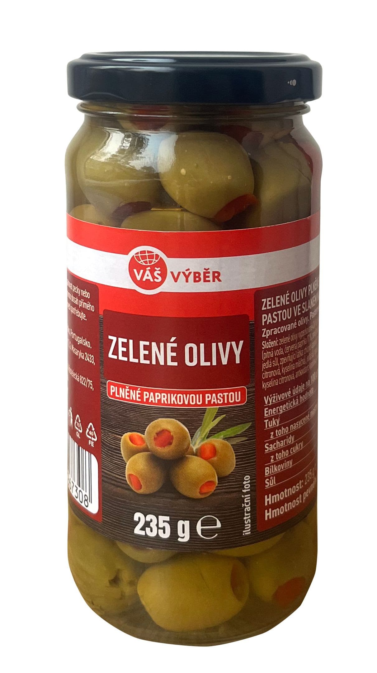 Váš Výběr Zelené olivy plněné paprikovou pastou 235g