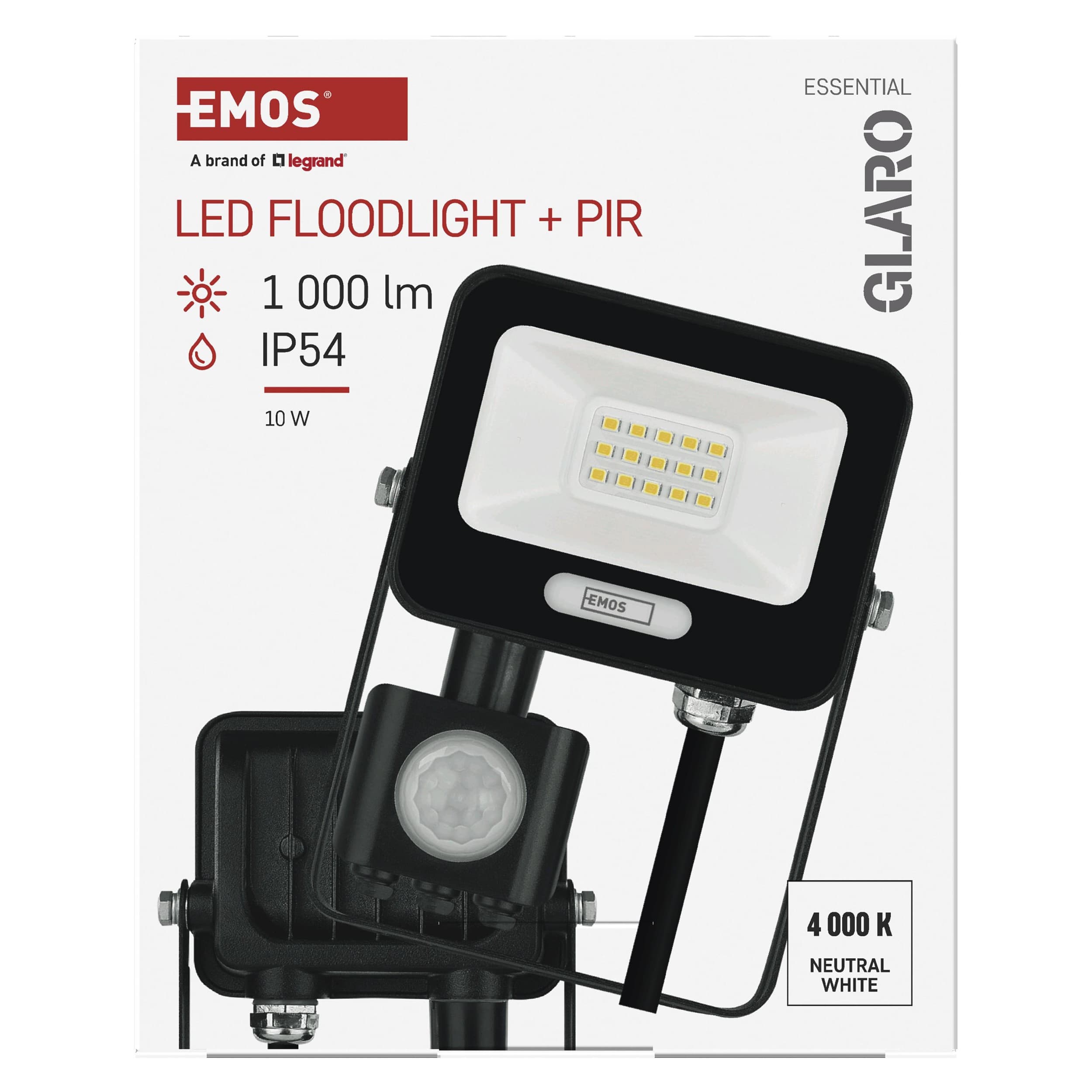 EMOS LED reflektor GLARO s pohybovým čidlem, 10 W, černý, IP54, 1000 lm, neutrální bílá
