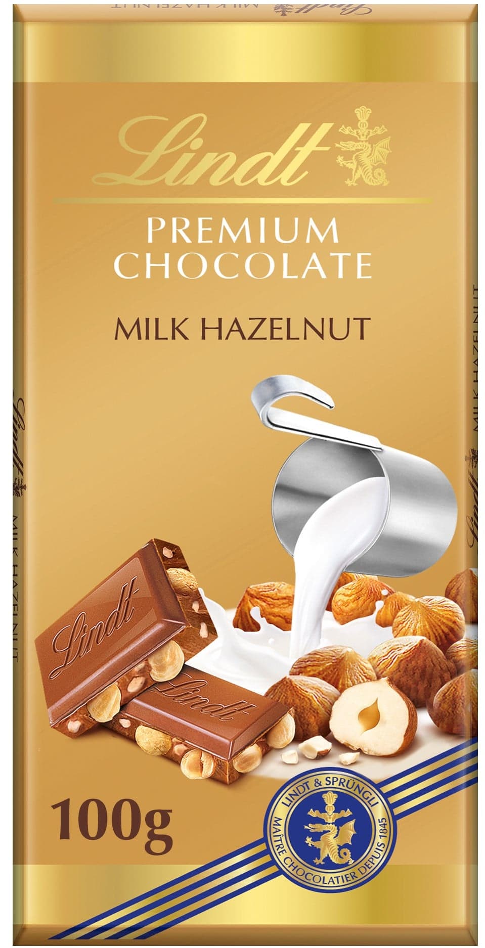 Lindt Čokoláda Gold Tablet Premium Mléčná s celými lískovými ořechy
