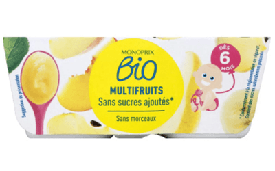 Monoprix Biologique BIO Multifruit ovocný příkrm bez přidaného cukru, 4x 100 g