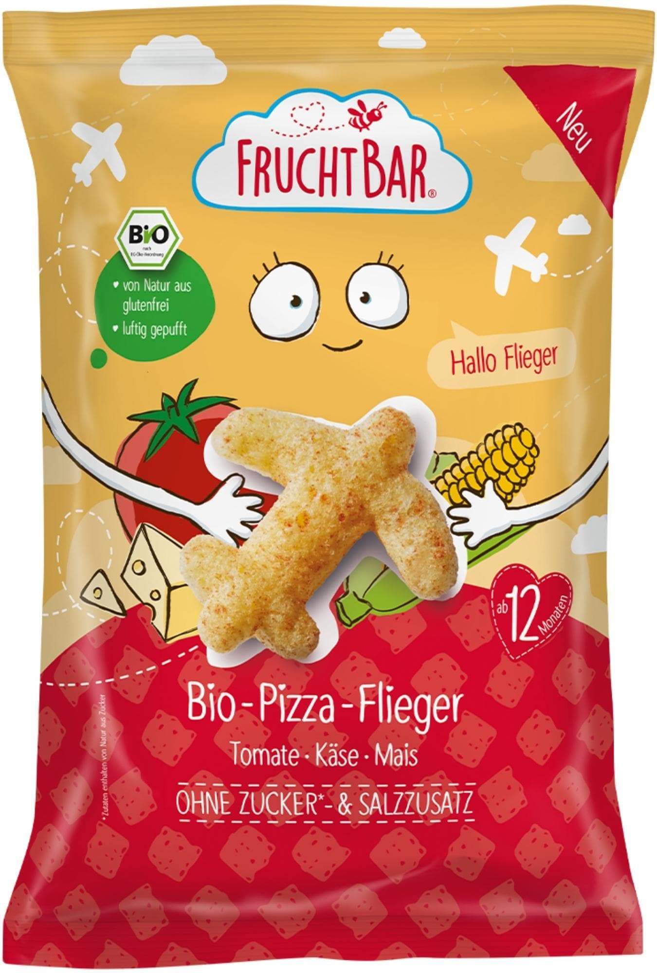 FruchtBar BIO Kukuřičné křupky s rajčetem, mrkví a sýrem letadla