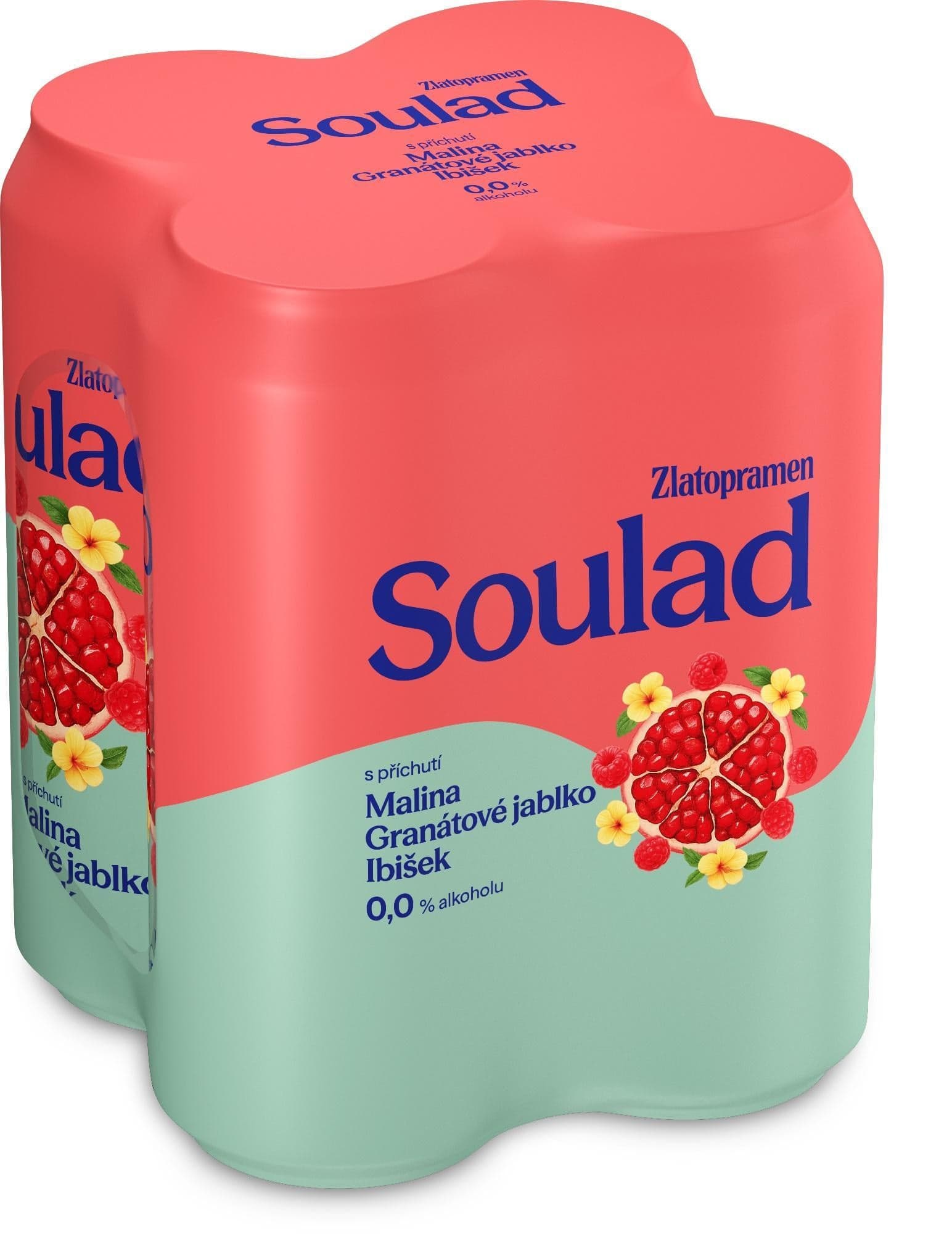 Zlatopramen Soulad 0.0% Malina, granátové jablko a ibišek plech 4×0,5 l