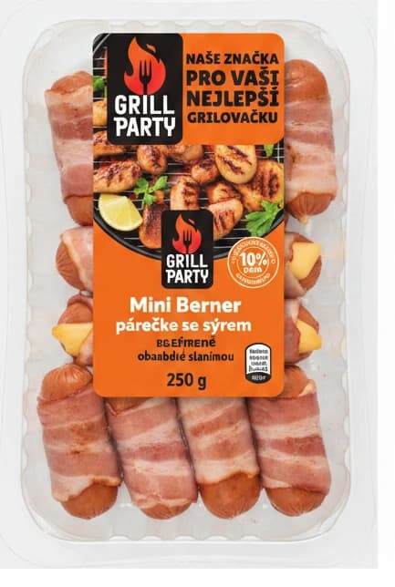 Grill Party Mini Berner párečky se sýrem obalené slaninou
