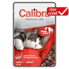 Calibra Premium Line kompletní krmivo pro dospělé kočky s kuřecím a hovězím v omáčce 100g