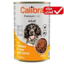 Calibra Premium Line mono nepravidelné kousky pro psy s kuřecím, játry a mrkví v omáčce 1240g