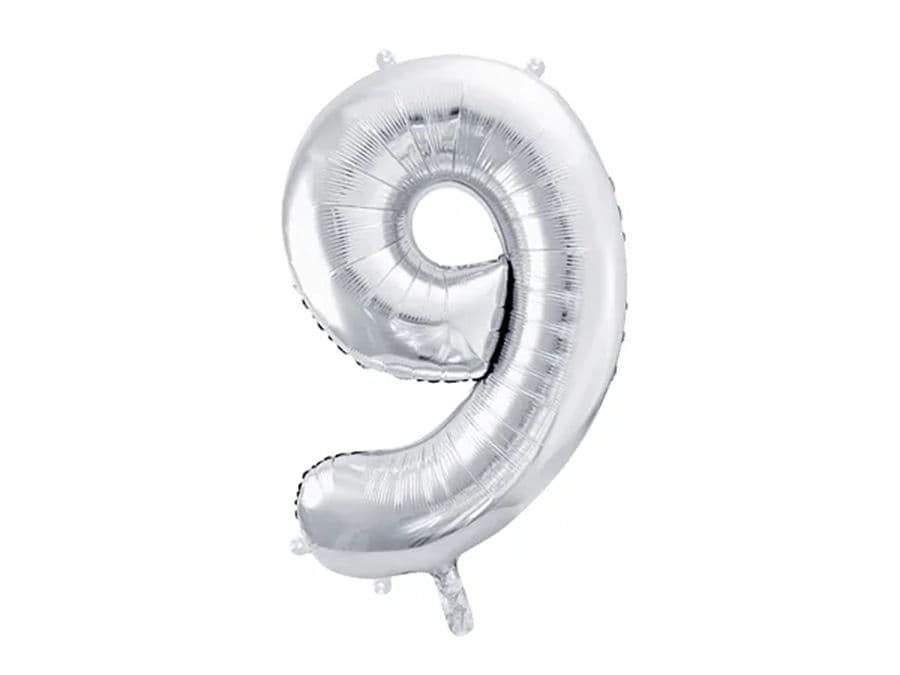 PartyDeco Balónek, 86cm, fóliový, stříbrná,"9"
