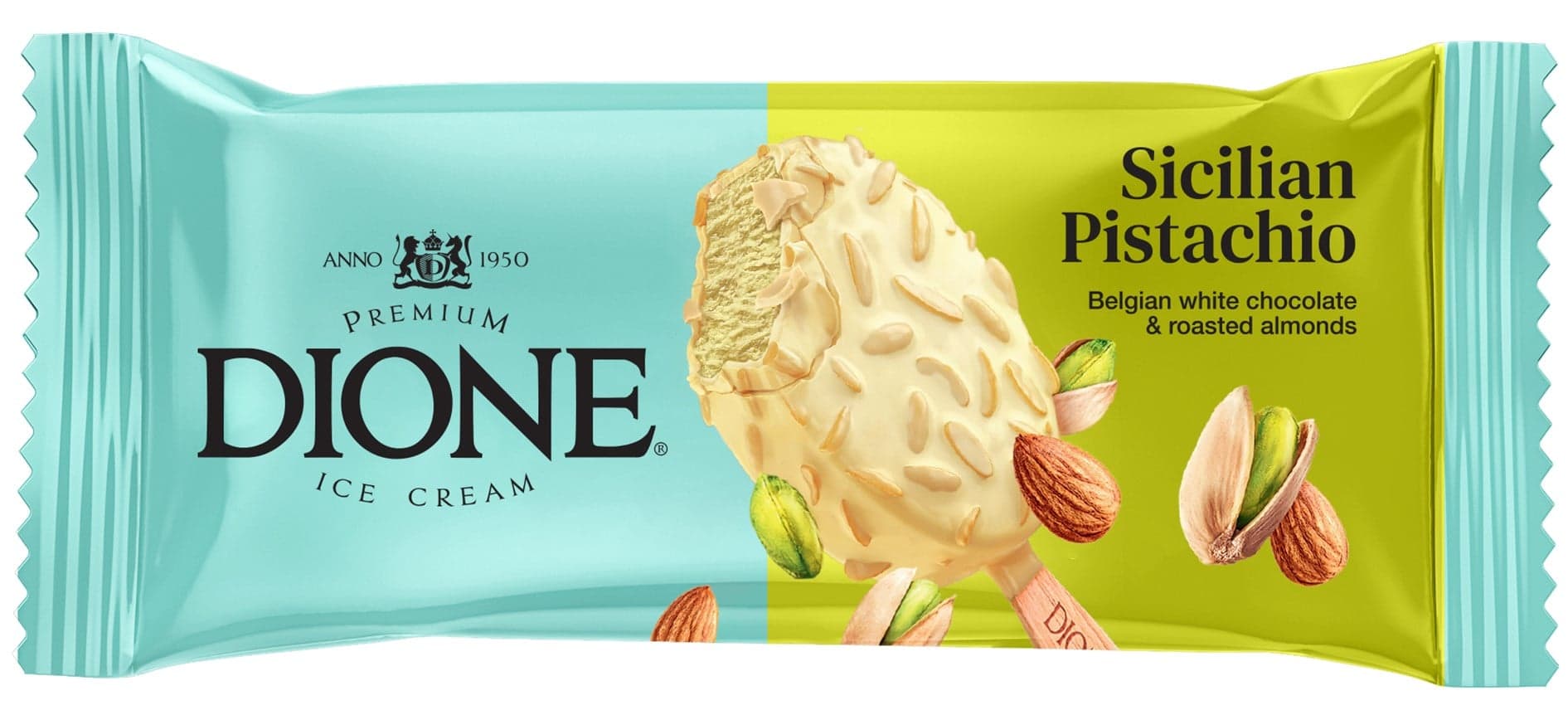 Dione Pistáciový nanuk s bílou belgickou čokoládou a mandlemi