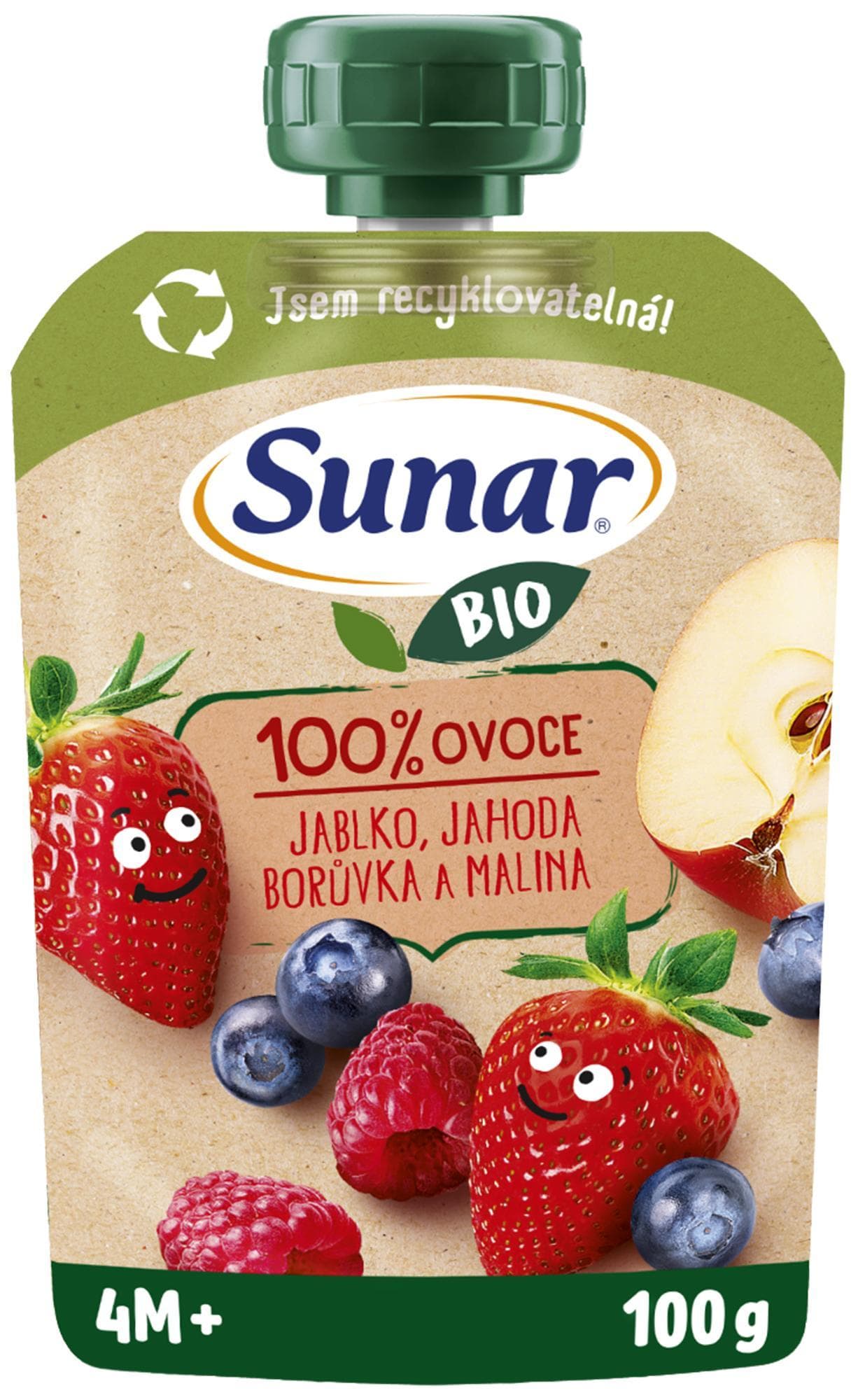 Sunar BIO ovocná kapsička Jablko jahoda borůvka malina 4m+, 100g