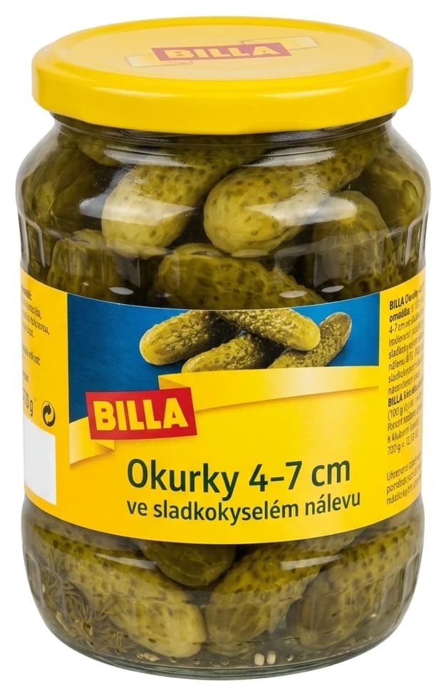 BILLA Okurky 4-7cm ve sladkokyselém nálevu
