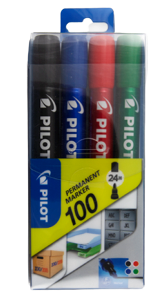 Pilot 100, kulatý permanentní popisovač, 4 barvy, šířka stopy 1 mm, šířka hrotu 4,5 mm