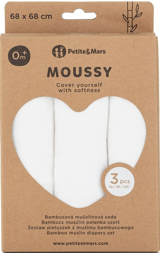 Petite & Mars Sada bambusových mušelínových plen Moussy Total White