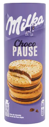 Milka sušenky Choco pause plněné jemnou čokoládovou náplní z alpského mléka