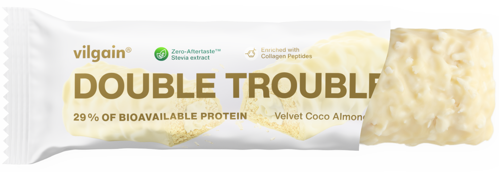 Vilgain Double Trouble Protein Bar Proteinová kokosová tyčinka v bílé čokoládě