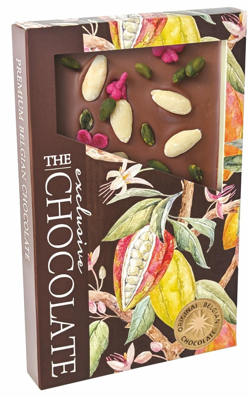 The Chocolate Formovaná mléčná čokoláda s mandlemi, pistáciemi a sušenými růžemi